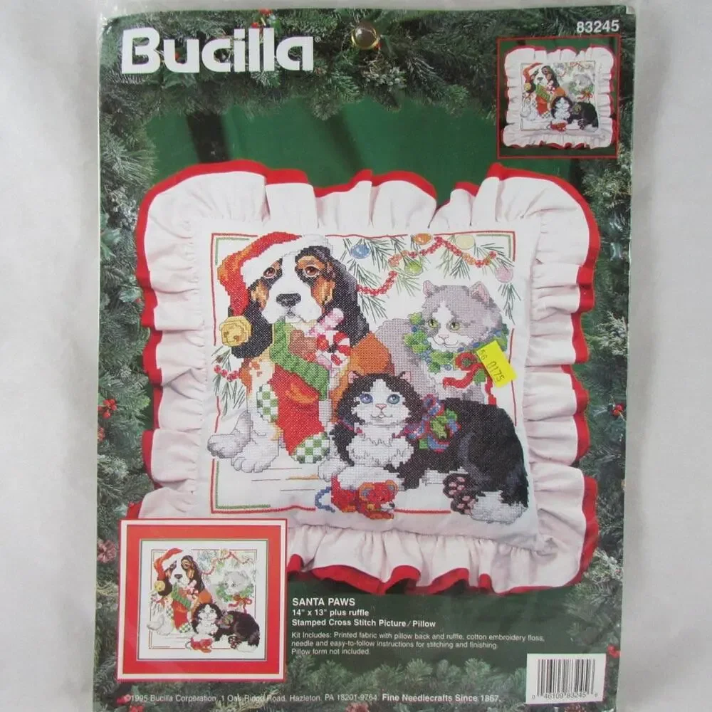 Bucilla Santa Paws Cross Stitch Pillow/ Picture Kit 83245 Dog Cats Pets New 1995